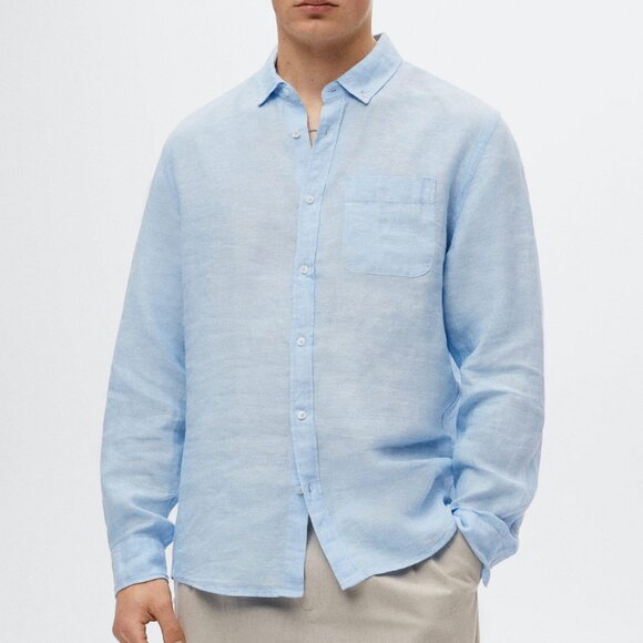 Mango 100% Linen L/S Shirt Sky Blue S NWT - Picture 1 of 5